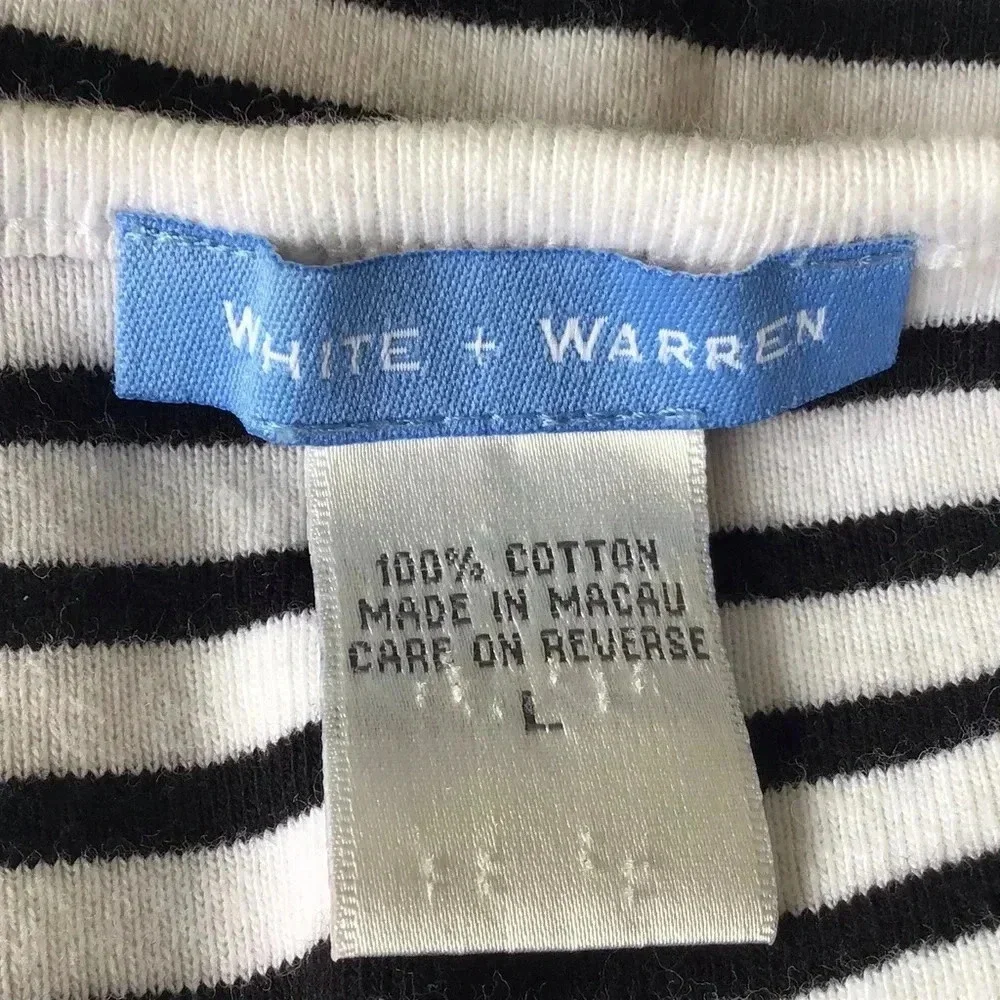 White + Warren striped v neck cotton top 3/4 sleeves nautical preppy Size L